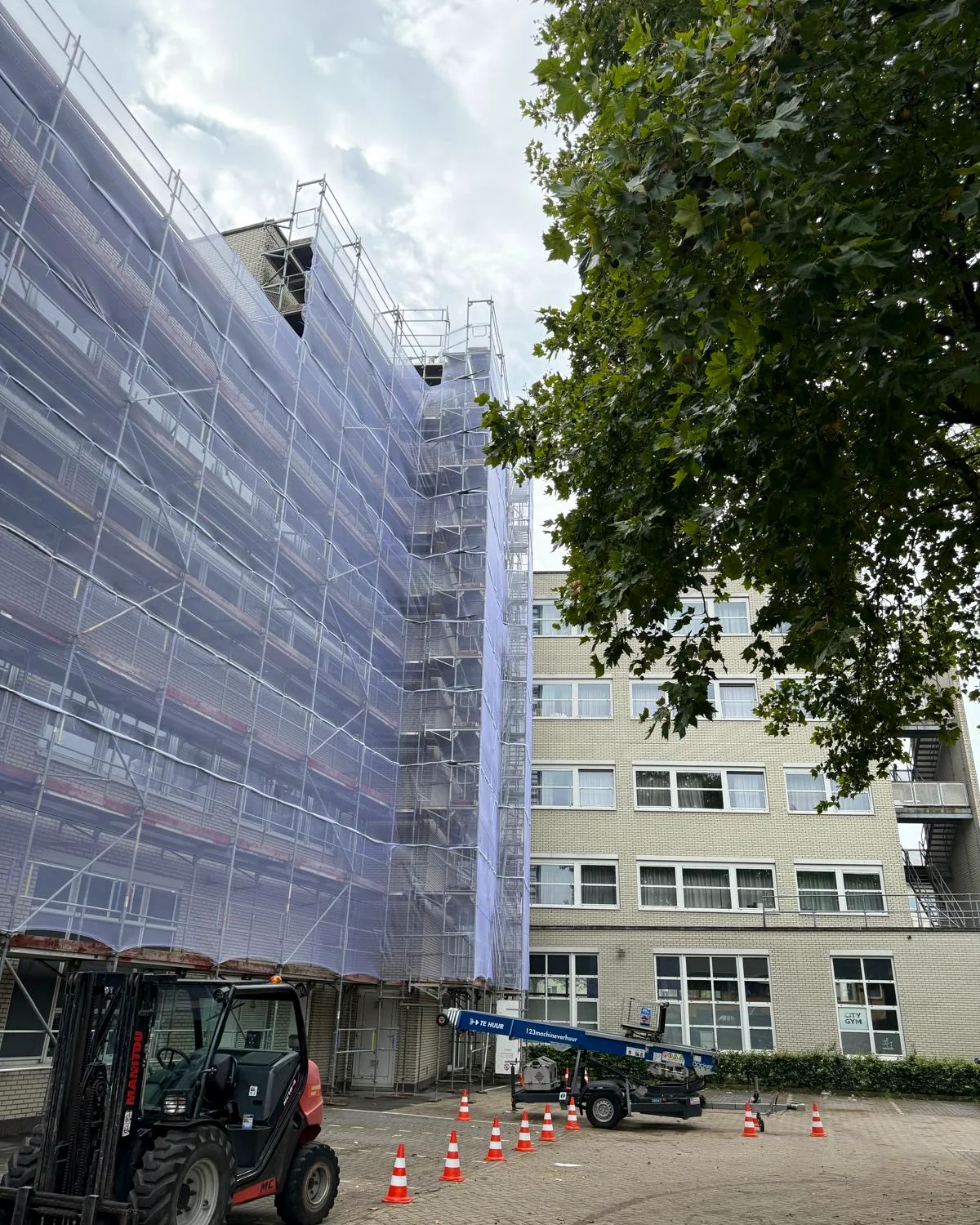 Grote gevelsteiger met wit steigernet